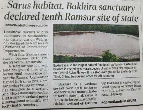 Sarus Habitat, Bakhira Sanctuary Declared Tenth Ramsar Site of State